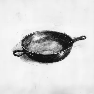 black and white vine charcoal sketch of a baking pan, simple shapes
