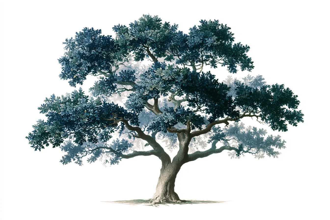 A single majestic mature white oak, broad compact crown, gently ascending limbs, sculptural acorns, small visible root n