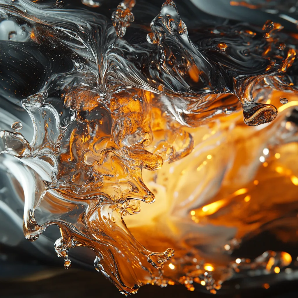 Explosive hyper-realistic close-up of molten glass. The material appears viscous, with intricate details of light refrac