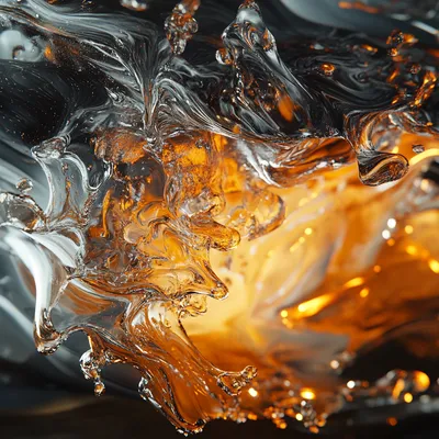 Explosive hyper-realistic close-up of molten glass. The material appears viscous, with intricate details of light refrac