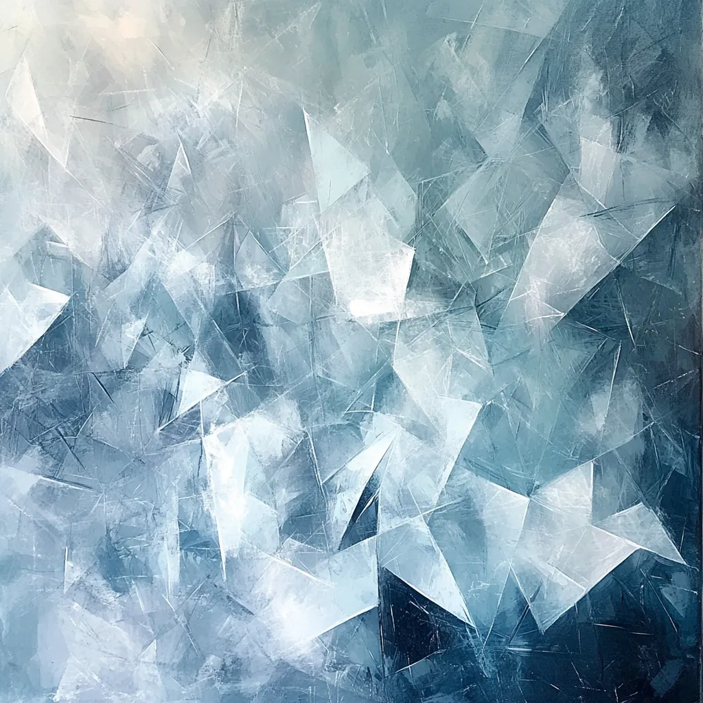 Abstract patterns of icy blues, frosted whites, and soft teal hues, with sparkling particles that mimic the cold, glimme