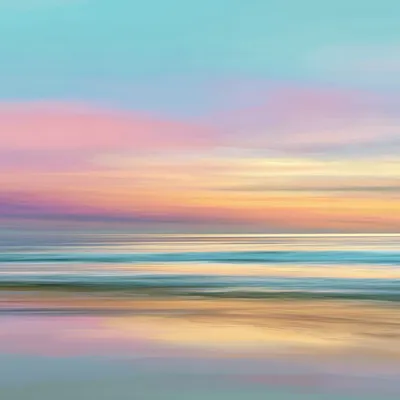Ethereal abstract seascape at sunrise glowing horizon where sea and sky blend into soft light; flowing luminous gradient