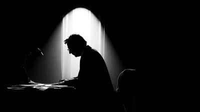 black and white silhouette of a person sitting at a desk in profile, backlit by a single window or light source, desk la