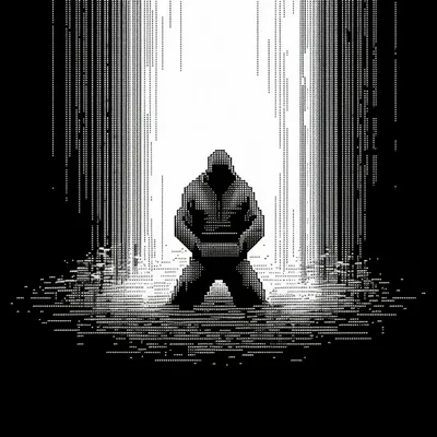 https://s.mj.run/98juU8433jU, meditating, pixel art, black and white, isolation --upbeta