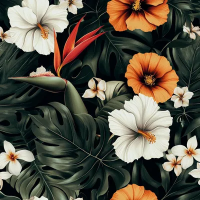 repeating pattern, dark and tropical, monstera leaves, bird of paradise flower, white flowers, California poppy flowers