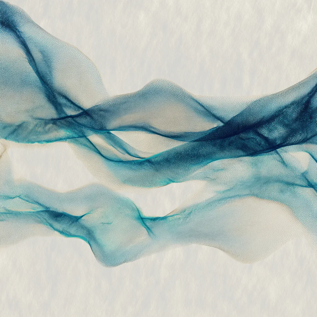 Ethereal abstract halftone currents flowing like light through air, airy rivers of Pacific navy (#142139), Mint (#F5FCF9