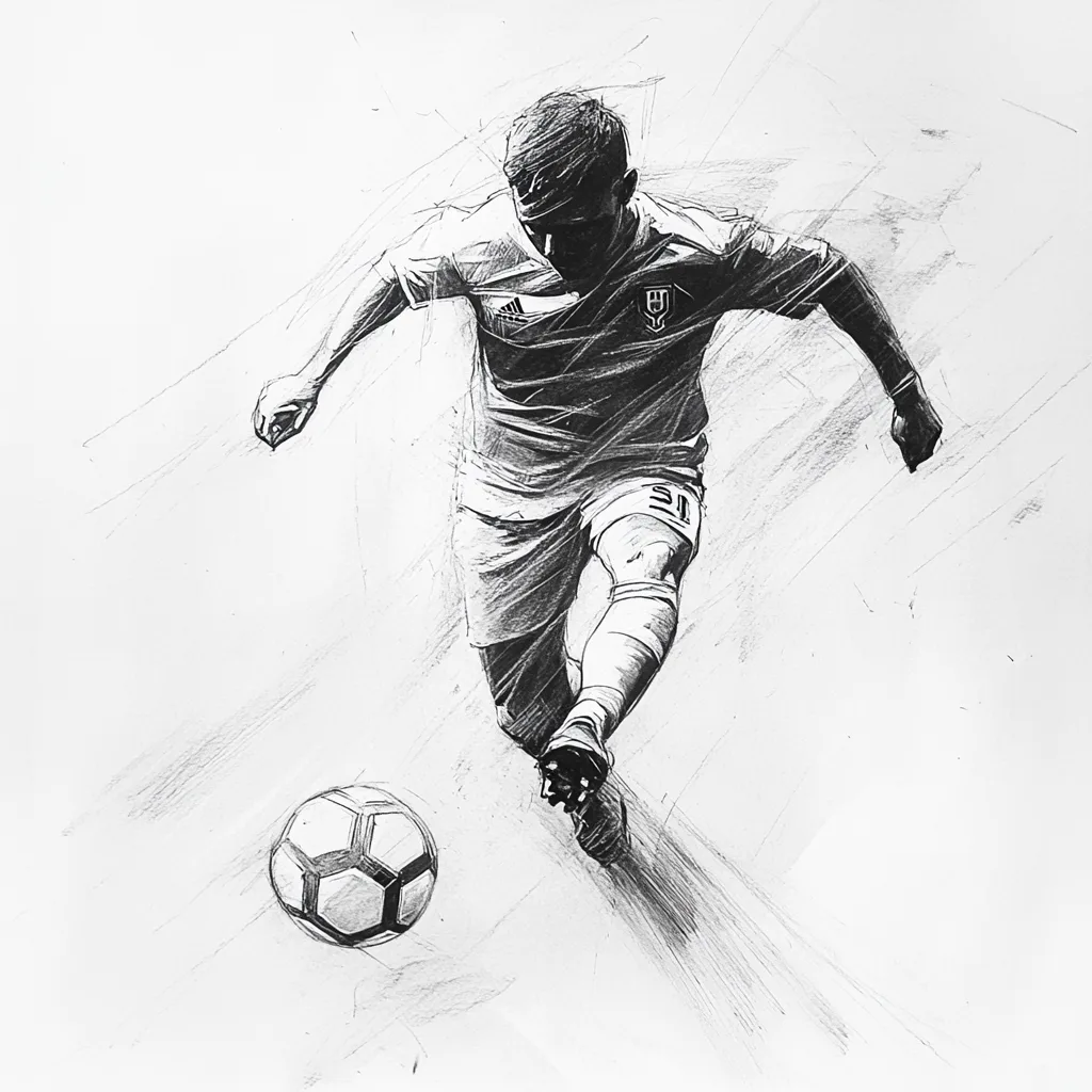 black and white vine charcoal sketch of a soccer player, simple shapes
