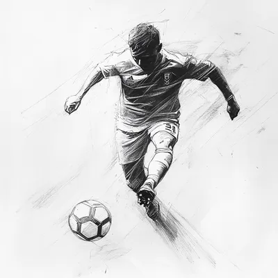 black and white vine charcoal sketch of a soccer player, simple shapes