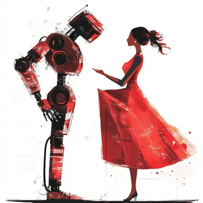 women in red dress righting robot, revolution, illustration, simple shapes, white background