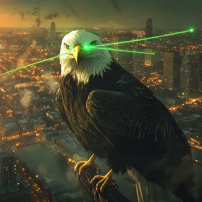 A powerful, ultra-realistic bald eagle with green lasers shooting out of eyes obliterating New Orleans.