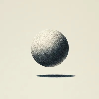 a floating orb with a tiny bump on one side, strong negative space, graphic composition, modernist illustration, playful