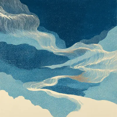 Abstract flowing currents in halftone and heavy dithered texture, organic ribbon-like forms in ethereal light blue to de