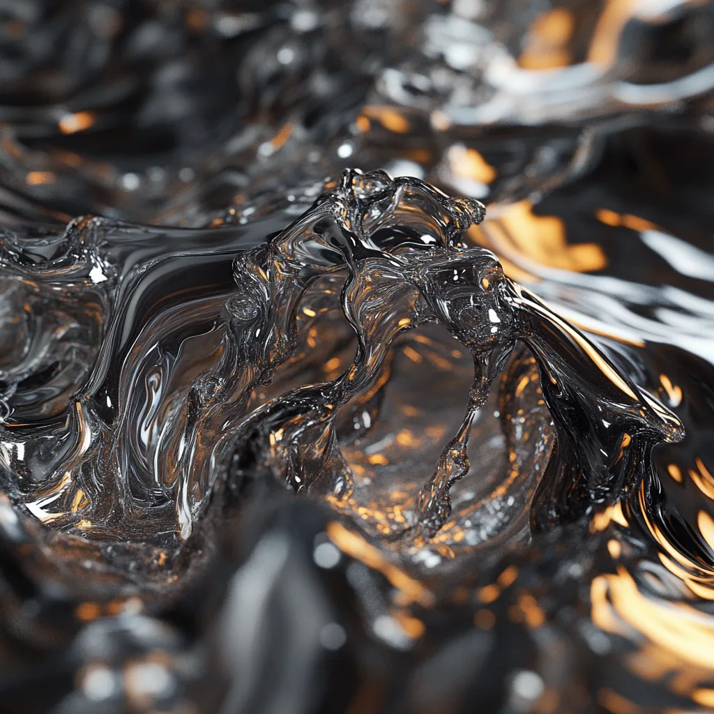 Explosive hyper-realistic close-up of molten lead. The material appears viscous, with intricate details of light refract