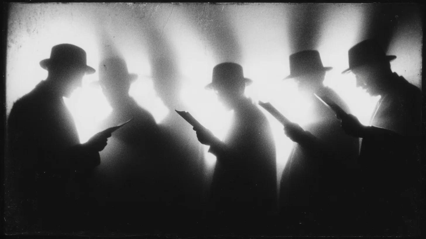 black and white film noir photograph, dramatic shadows of multiple people cast on a white wall, each shadow figure holdi