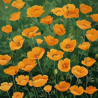 California poppy patten, growing upwards, painting, only 7 colors, green background