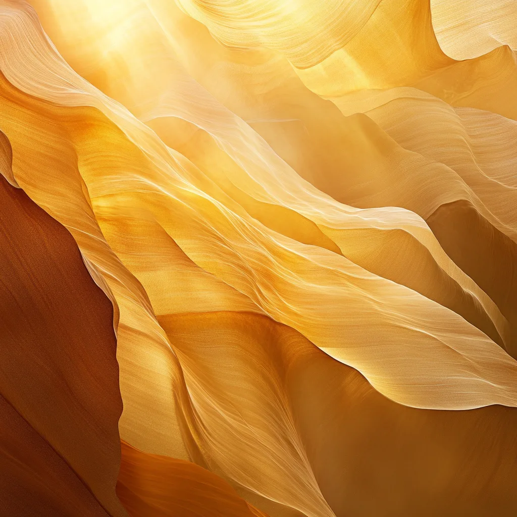 Fluid, glowing shapes in radiant golds, yellows, and soft bronzes, with subtle textures of light rays breaking through.