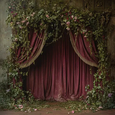 Massive theater curtains, deep red and heavy with history, subtly intertwined with fine strands of ivy and tiny blooming
