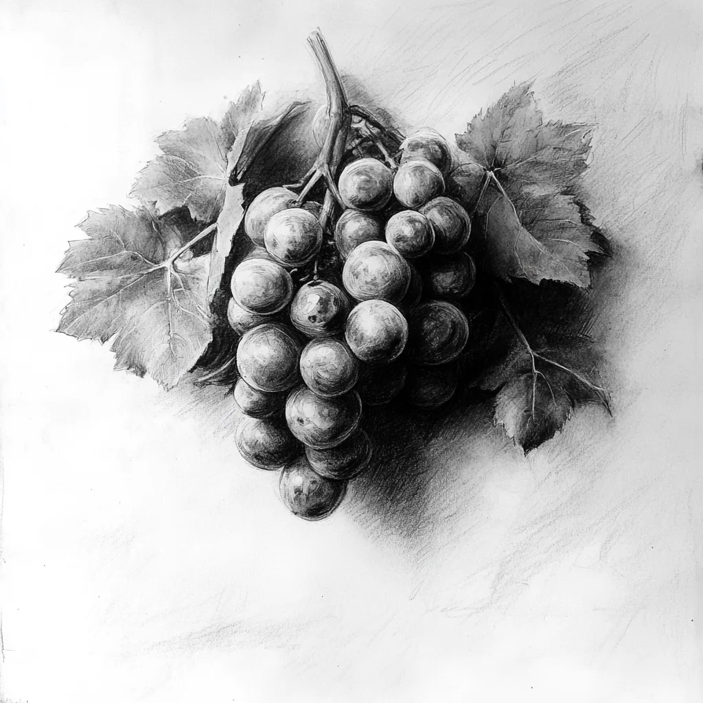 black and white vine charcoal sketch of food, simple shapes