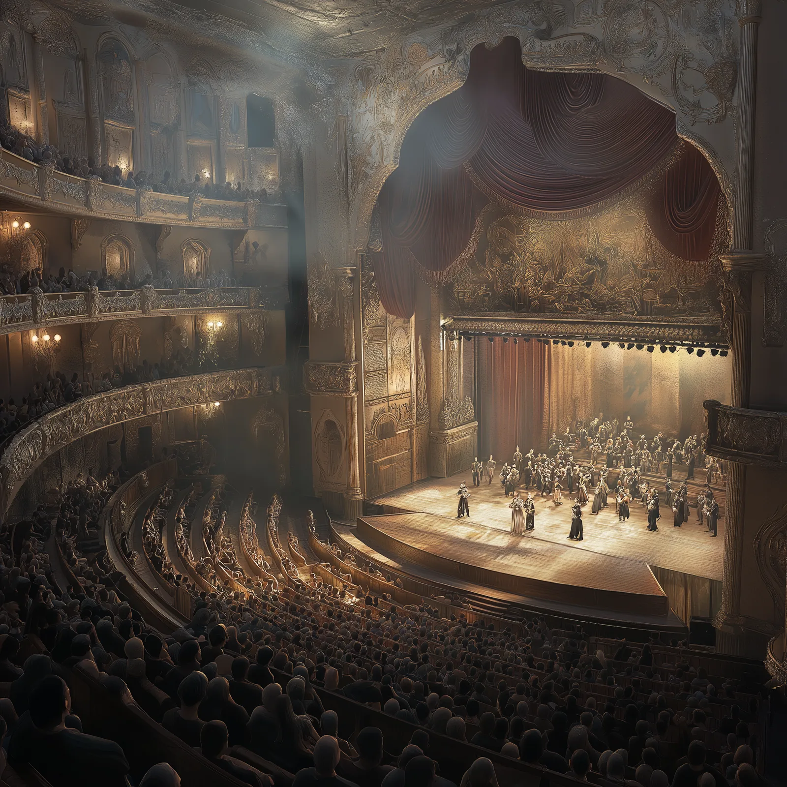 A fully packed theater with a realistic, detailed interior. Every seat is filled with a diverse audience, creating a liv