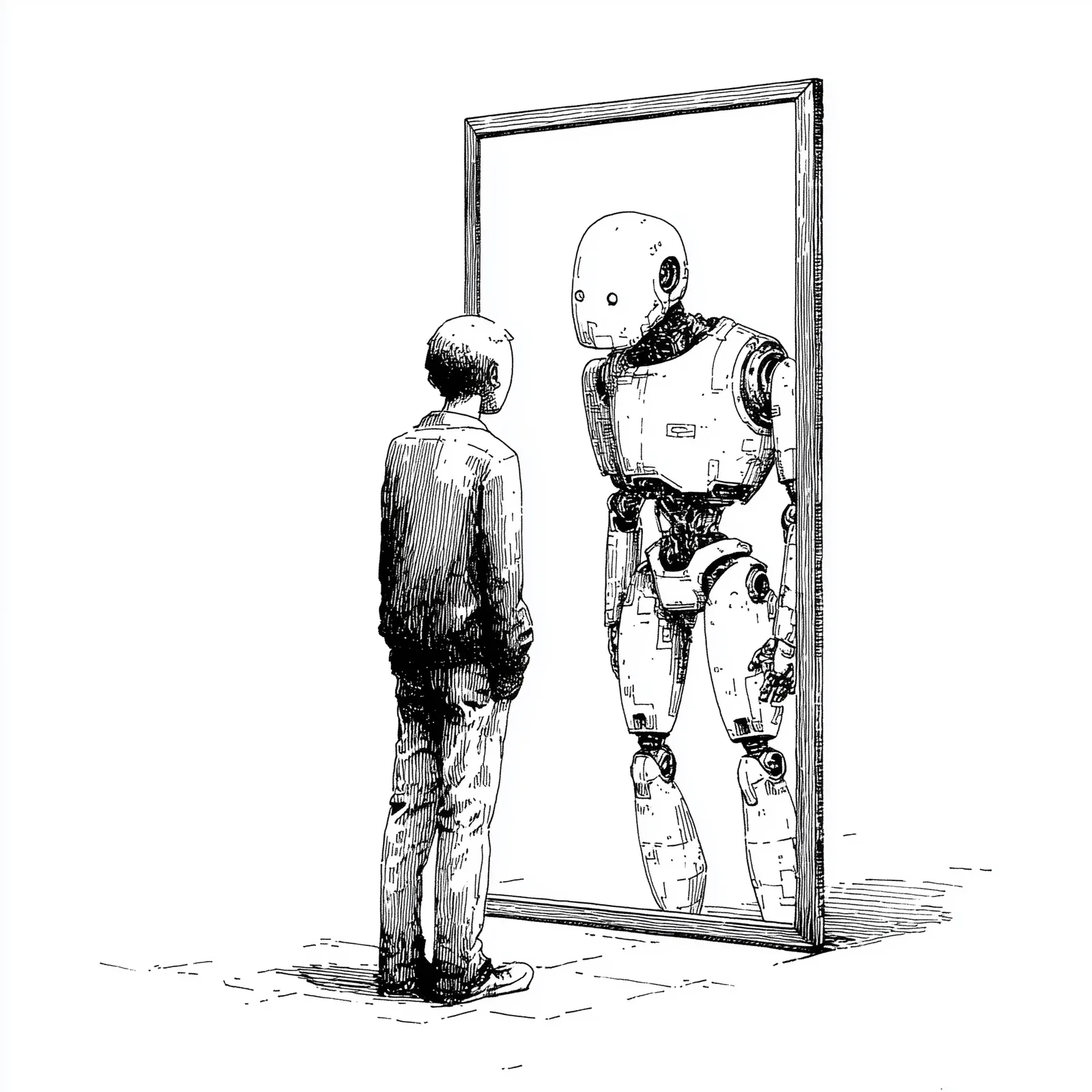 a mirror of a human looking at itself but the mirror reflection is a robot, simplified forms, minimal, minimalist black