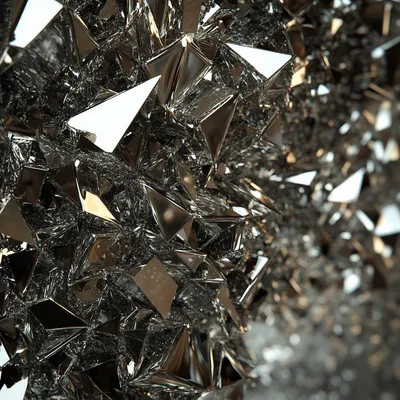 Explosive hyper-realistic close-up of chards of metal. The material appears pointy, with intricate details of light refr