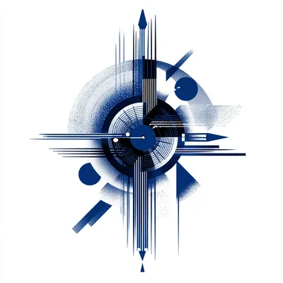 Russian Constructivist-inspired object with long directional lines and focused geometry, abstract compass motif, halfton