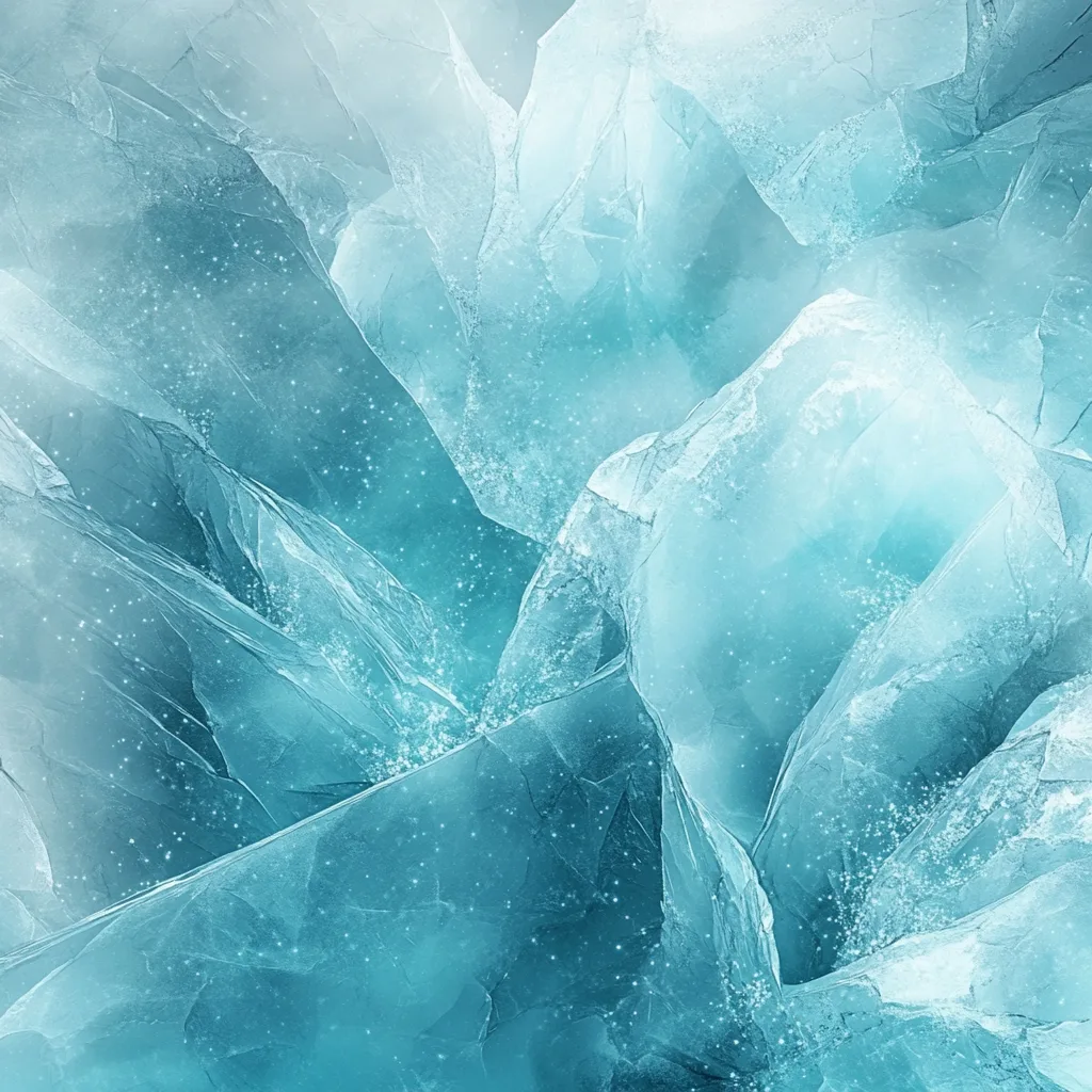 Abstract patterns of icy blues, frosted whites, and soft teal hues, with sparkling particles that mimic the cold, glimme