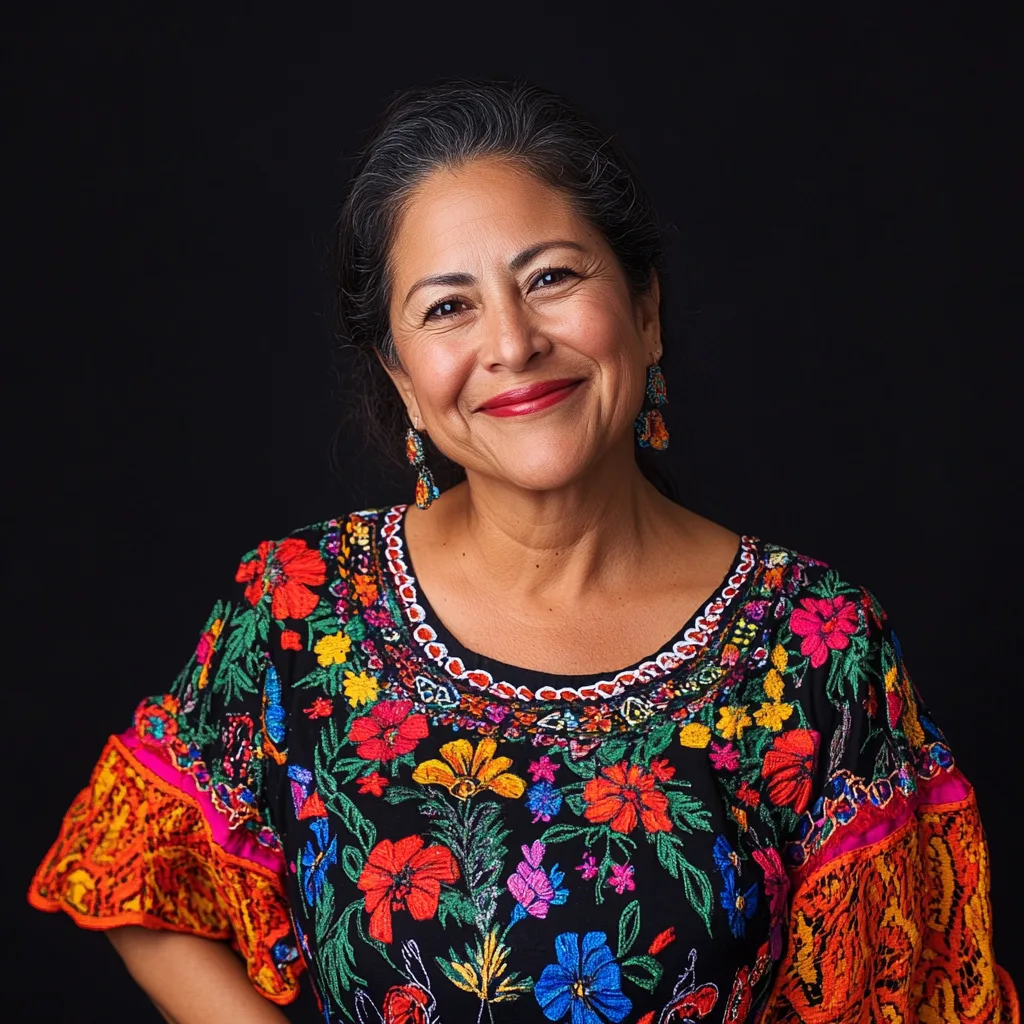 portrait, dark background, 45-year-old Hispanic woman, small business owner, lives in a suburban area, enjoys dancing sa