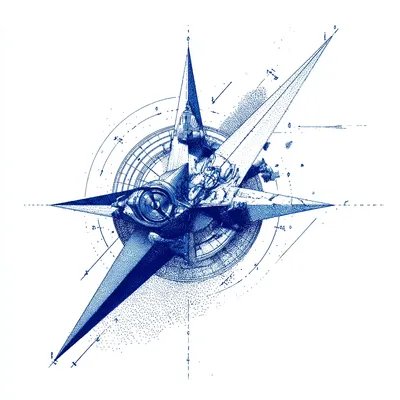 Russian Constructivist-inspired object with long directional lines and focused geometry, abstract compass motif, halfton