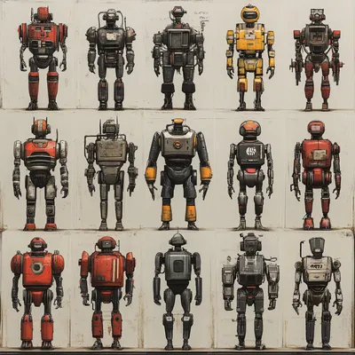 a grid of robots standing in isolation