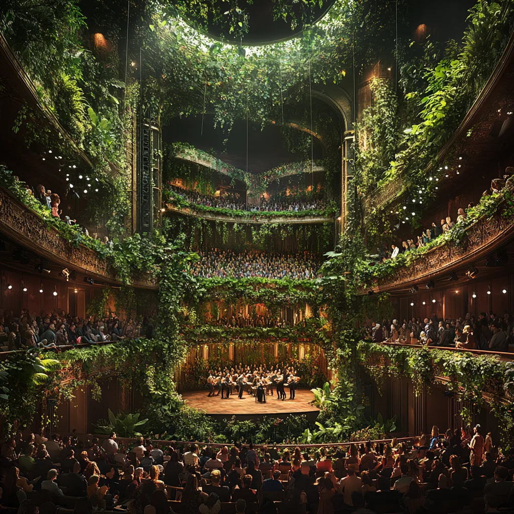 An entirely full theater transformed into a lush, green environment, with vibrant greenery like ferns, vines, and moss c