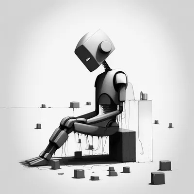 illustration, chatgpt, robot, singularity, simple shapes, black and white, waiting --upbeta