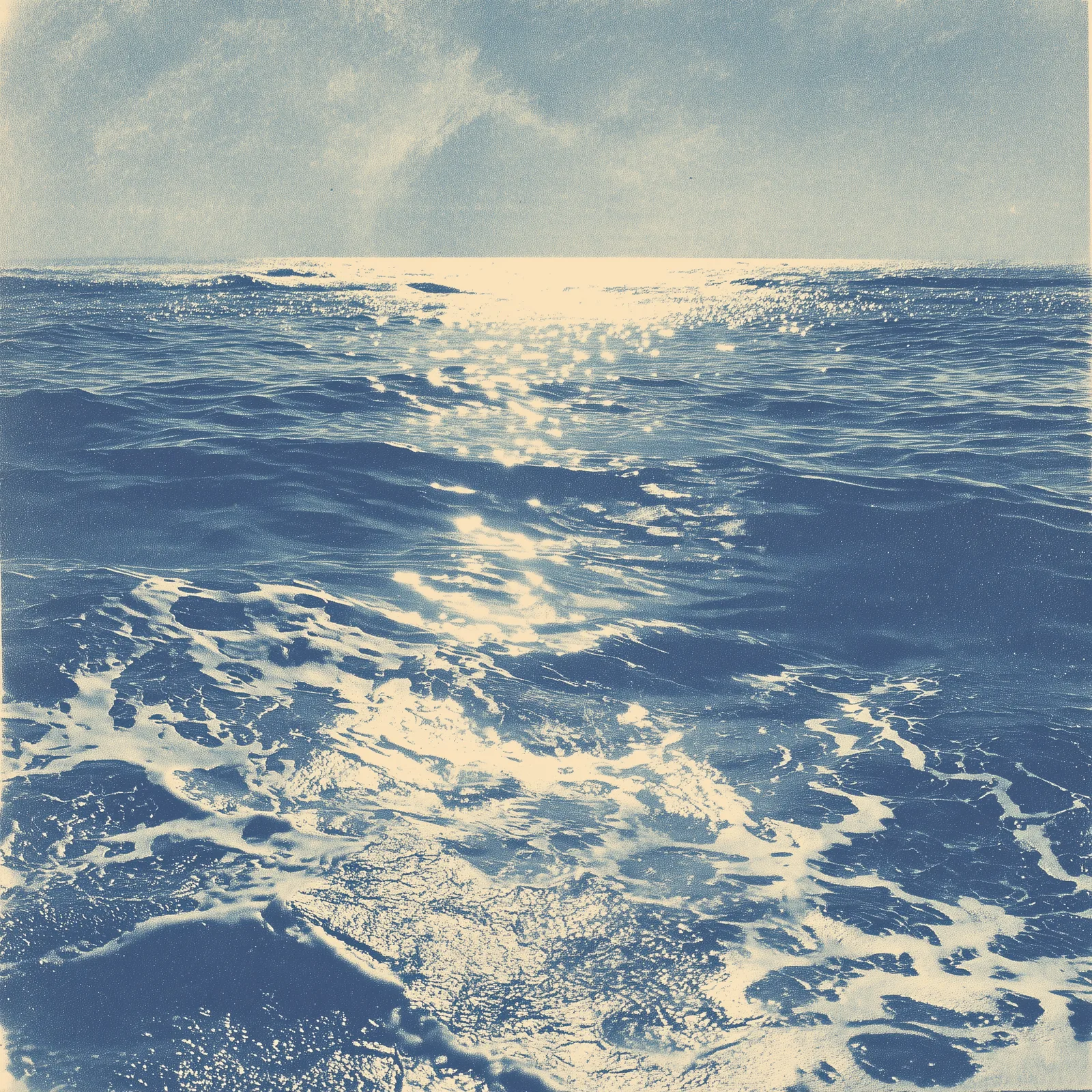 Expansive halftone ocean with heavy dithered texture, shimmering cream highlights across deep blue waves, abstract refle