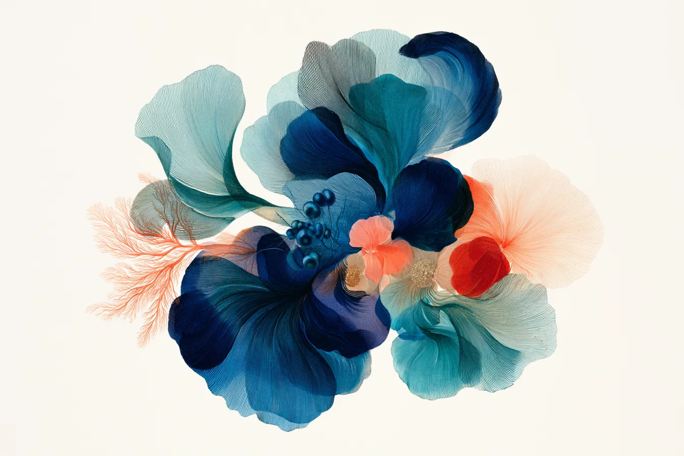 A single abstract botanical-coral specimen, a dynamic yet serene composition of overlapping petal ribbons, branching fro