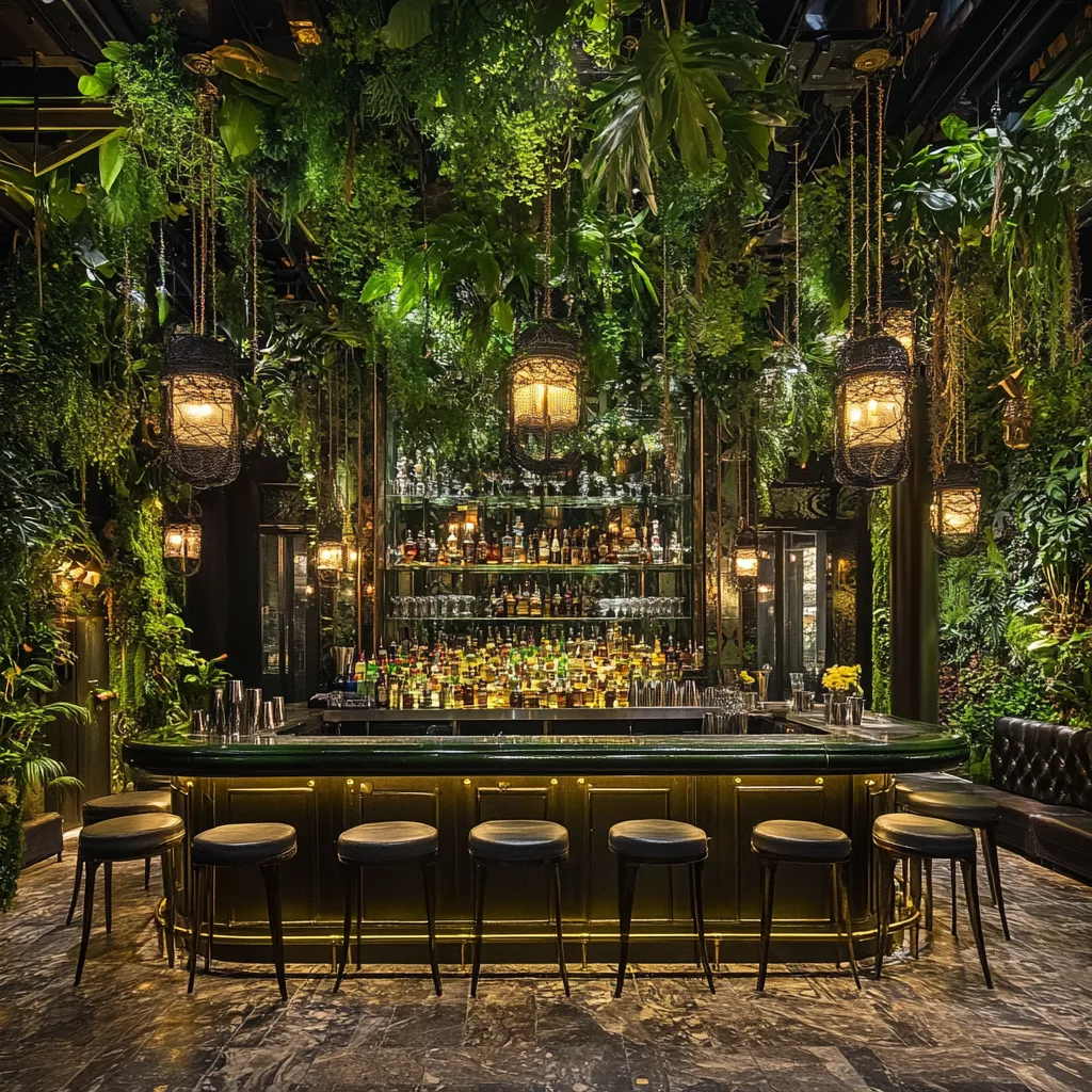 A stylish theater bar with a fusion of classic Art Deco and lush greenery. Patrons sip cocktails while surrounded by han