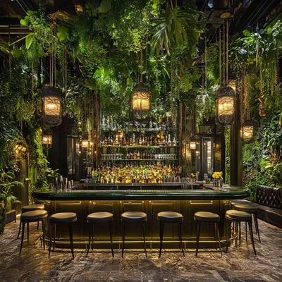 A stylish theater bar with a fusion of classic Art Deco and lush greenery. Patrons sip cocktails while surrounded by han