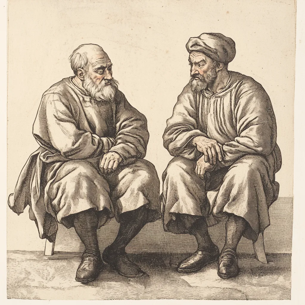 Two figures seated side by side, depicted in a hard-point etching style, isolated with no background details. They lean