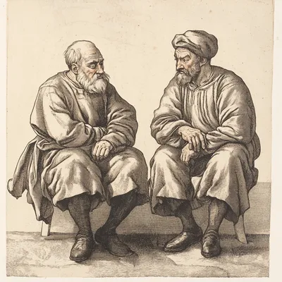 Two figures seated side by side, depicted in a hard-point etching style, isolated with no background details. They lean