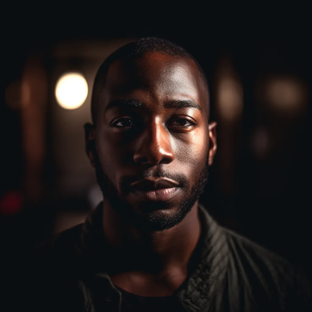 Portrait photo of a 30 year old black man, the portrait is shot on a mirrorless camera, a 50mm prime lens, and a dramati