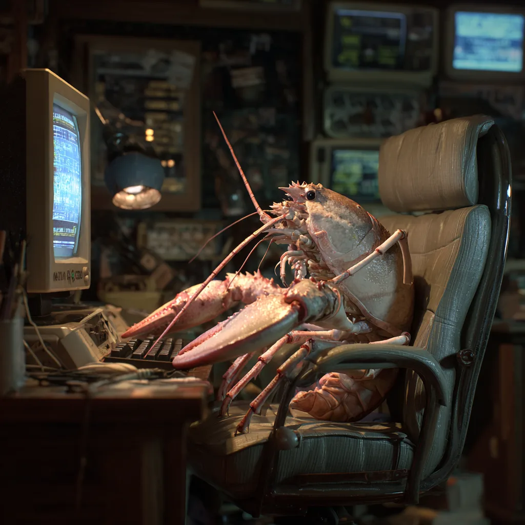 a photorealistic lobster that's sitting in an office chair at a computer, typing at it, and it's in Jurassic Park. And t