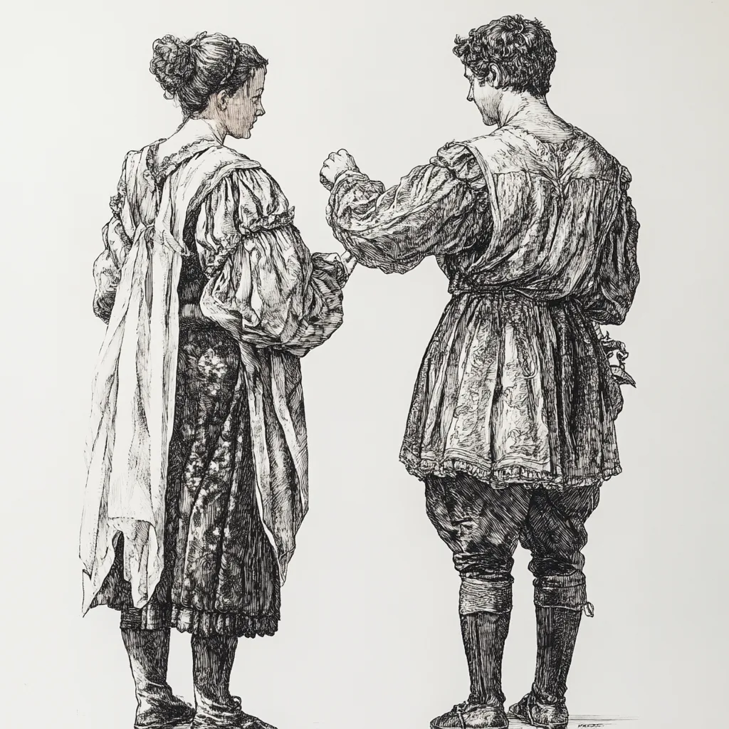 Two figures depicted backstage in a hard-point etching style, set against a clean white background. One figure adjusts t