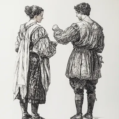 Two figures depicted backstage in a hard-point etching style, set against a clean white background. One figure adjusts t