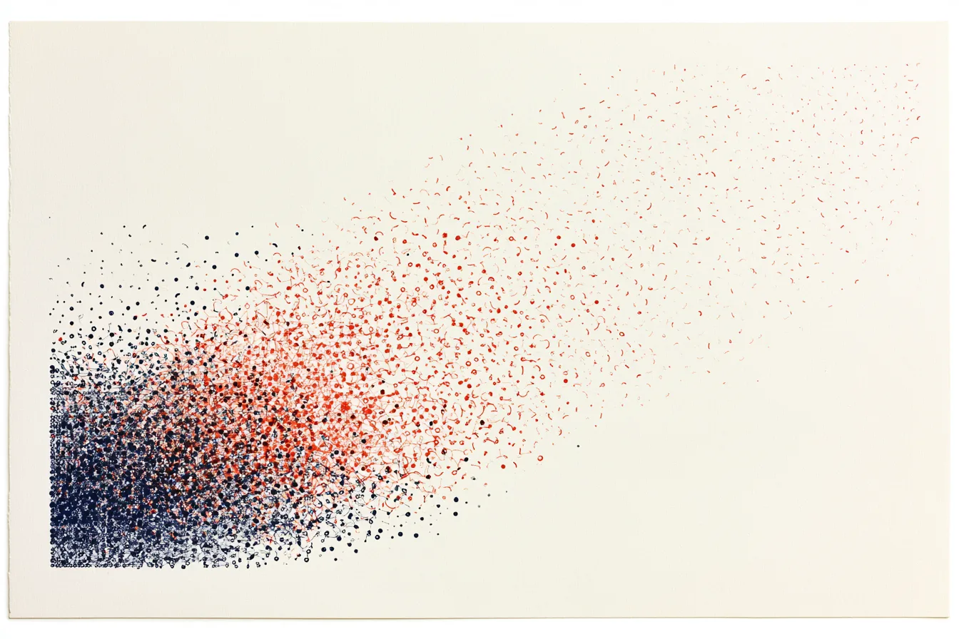 abstract optimistic systems pattern on warm white paper: fine deep-navy and vermilion-red lines begin tightly gathered i