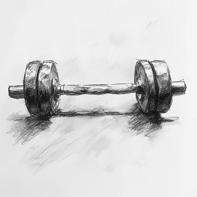 black and white vine charcoal sketch of a barbell, simple shapes