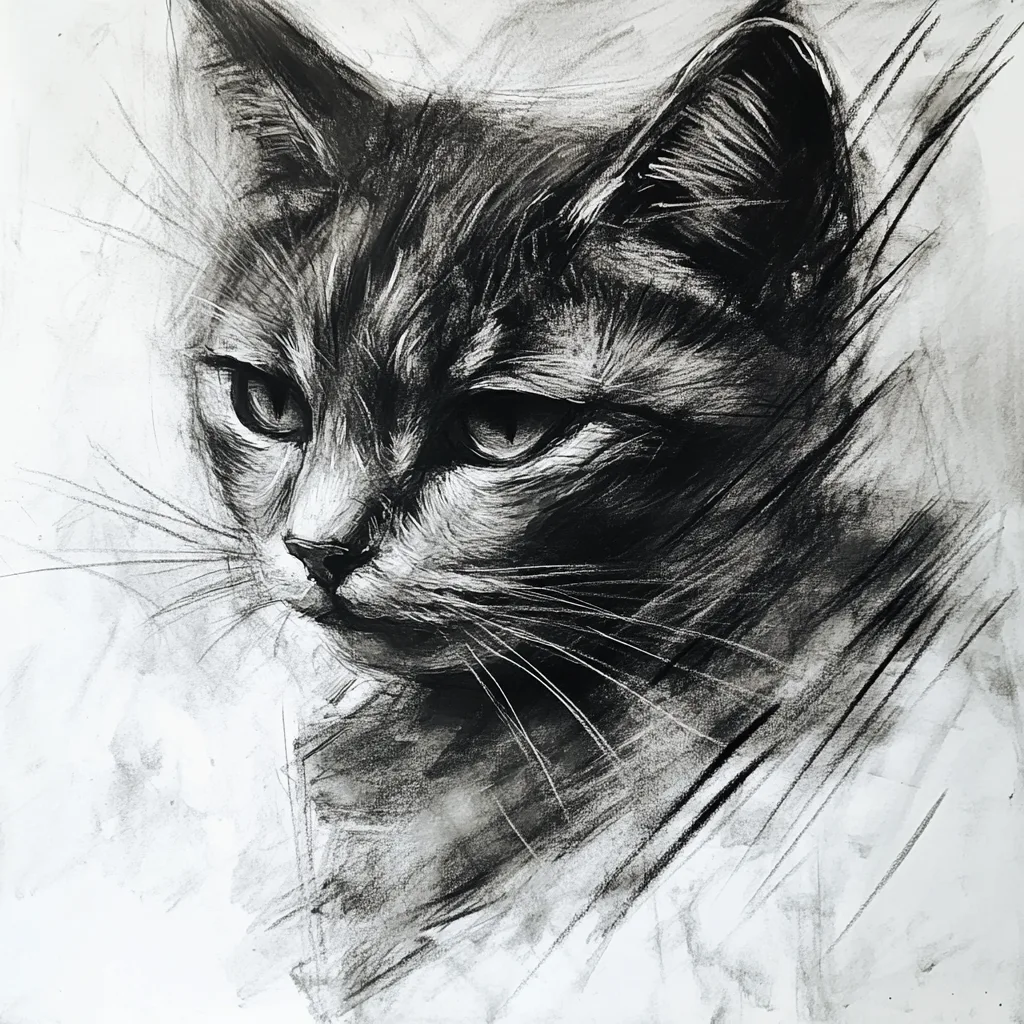 black and white vine charcoal sketch of a cat, simple shapes