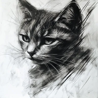 black and white vine charcoal sketch of a cat, simple shapes