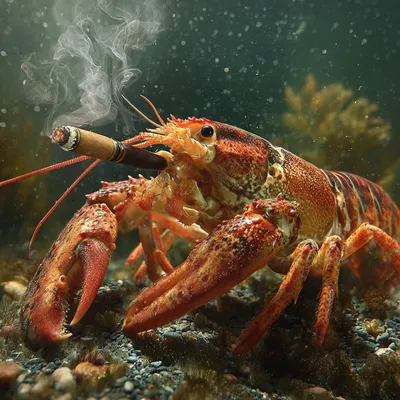 a lobster in the water smoking a joint