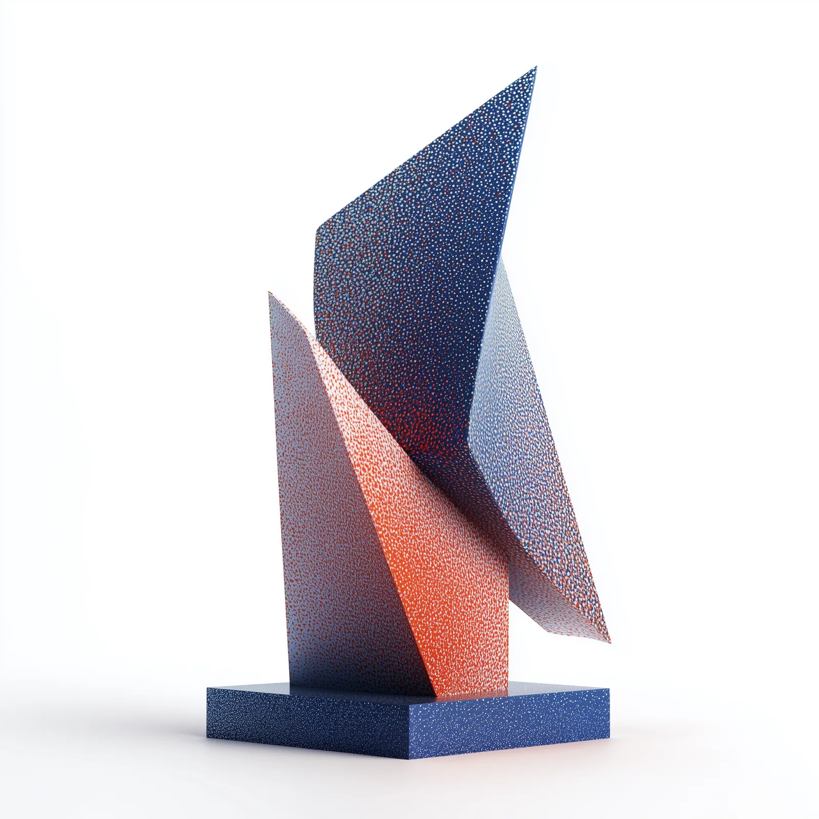 Abstract constructivist sculpture with ascending geometry, minimalist angular form, dithered halftone texture in cobalt,
