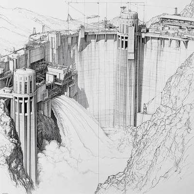 Highly detailed black and white architectural technical drawing of the Hoover Dam bursting open with water, water gustin