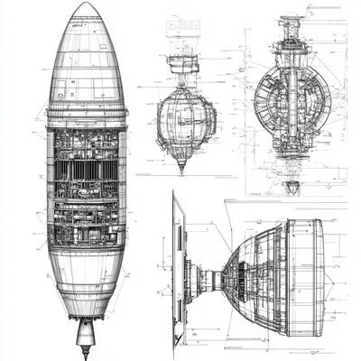 Highly detailed black and white architectural technical drawing of the Saturn V F-1 rocket engine from the Apollo progra